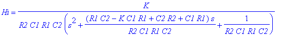 Hi = K/R2/C1/R1/C2/(s^2+(R1*C2-K*C1*R1+C2*R2+C1*R1)/R2/C1/R1/C2*s+1/(R2*C1*R1*C2))