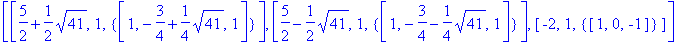 [[5/2+1/2*sqrt(41), 1, {vector([1, -3/4+1/4*sqrt(41...
