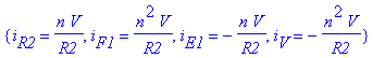 {i[R2] = 1/R2*n*V, i[F1] = n^2/R2*V, i[E1] = -1/R2*n*V, i[V] = -n^2/R2*V}