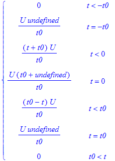 PIECEWISE([0, t < -t0],[U/t0*undefined, t = -t0],[(t+t0)/t0*U, t < 0],[U/t0*(t0+undefined), t = 0],[(t0-t)/t0*U, t < t0],[U/t0*undefined, t = t0],[0, t0 < t])