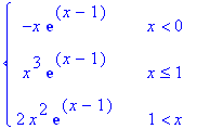 PIECEWISE([-x*exp(x-1), x < 0],[x^3*exp(x-1), x <= 1],[2*x^2*exp(x-1), 1 < x])